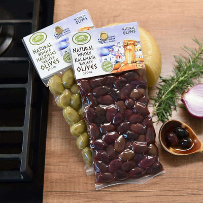 KORVEL Greek Olives - Halkidiki and Kalamata - set of two packs 2 x 0.55 lb - 1.1 lb