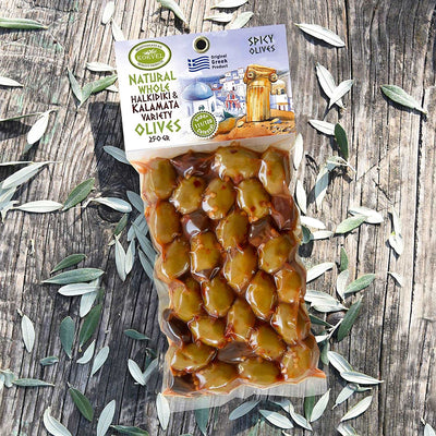 KORVEL Greek Olives - Kalamata-Halkidiki with Paprika - set of two packs 2 x 0.55 lb - 1.1 lb