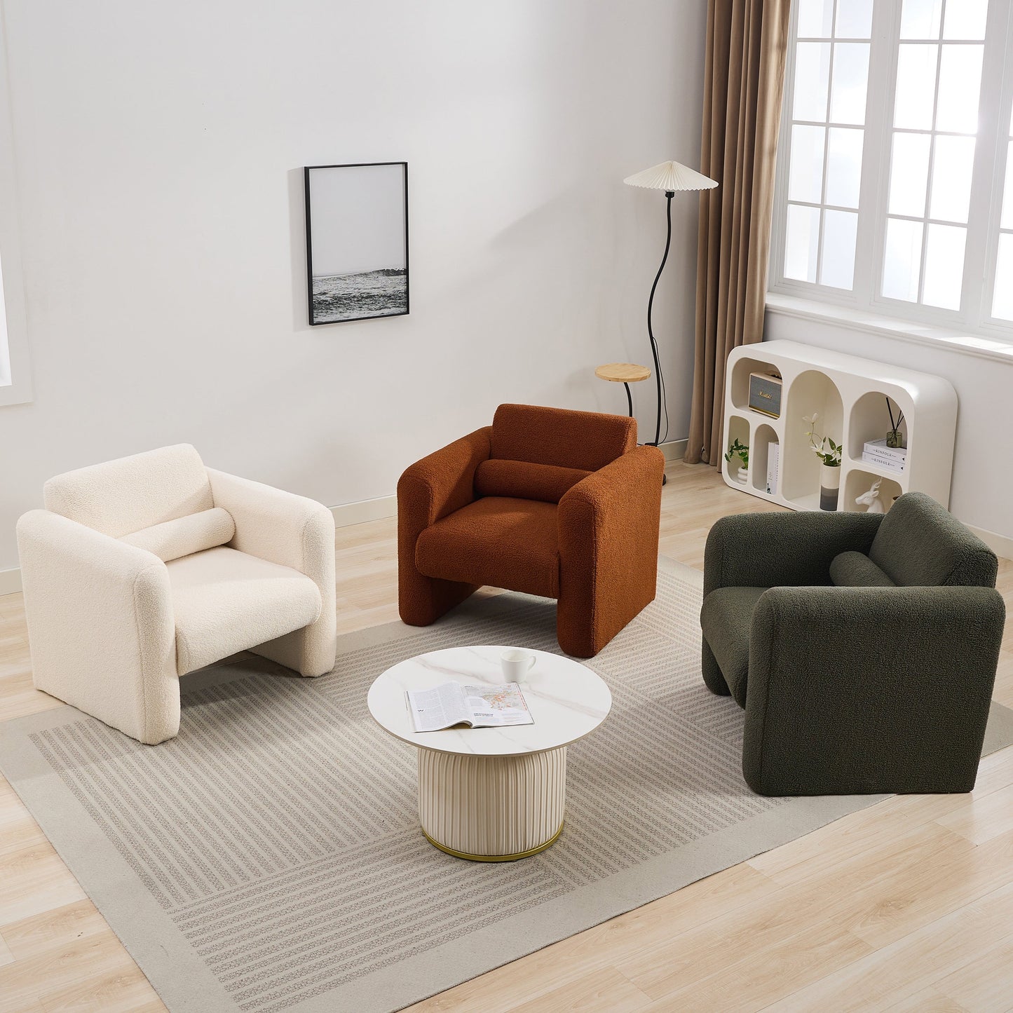 Modern style chair with sheepskin Sherpa fabric soft cushion, comfortable armchair, soft with backrest and pillow, seaweed green - Korvel