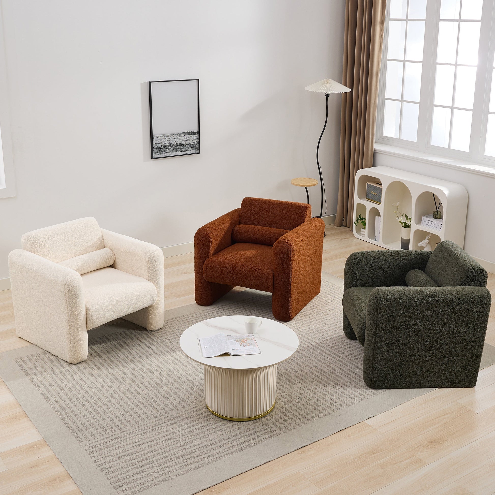Modern style chair with sheepskin Sherpa fabric soft cushion, comfortable armchair, soft with backrest and pillow, seaweed green - Korvel