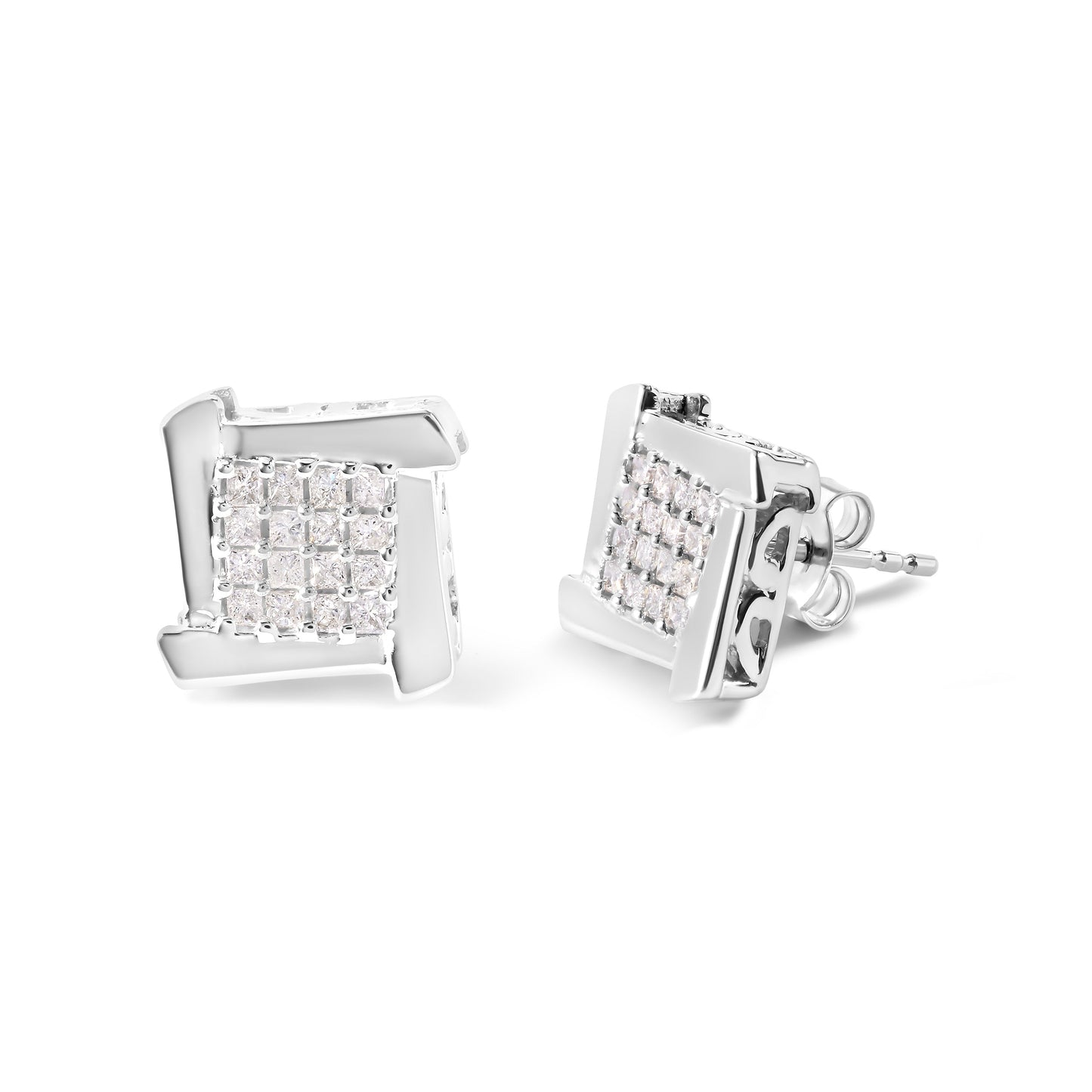 10K White Gold 1/2 Cttw Princess Diamond Square and Swirl Stud Earrings