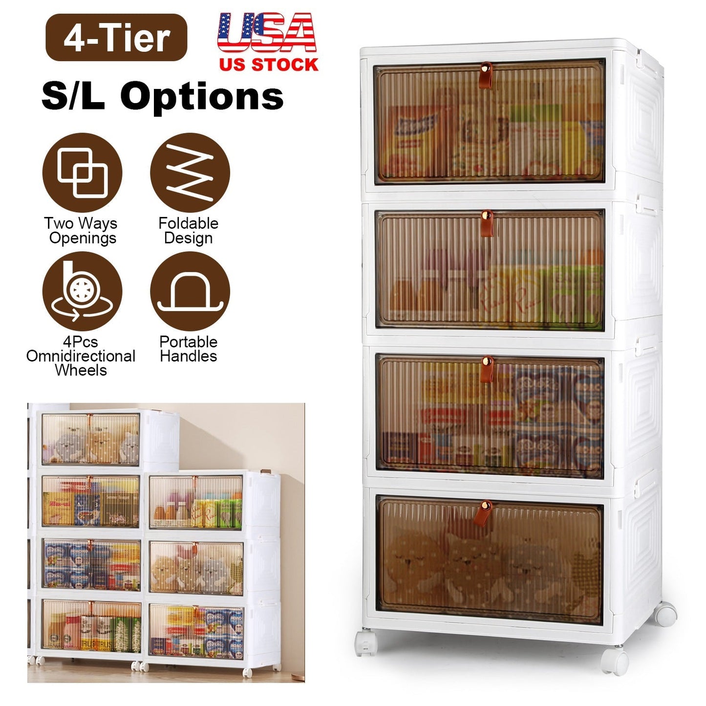 4-Tier Foldable Storage Bins with Magnetic Doors & Wheels