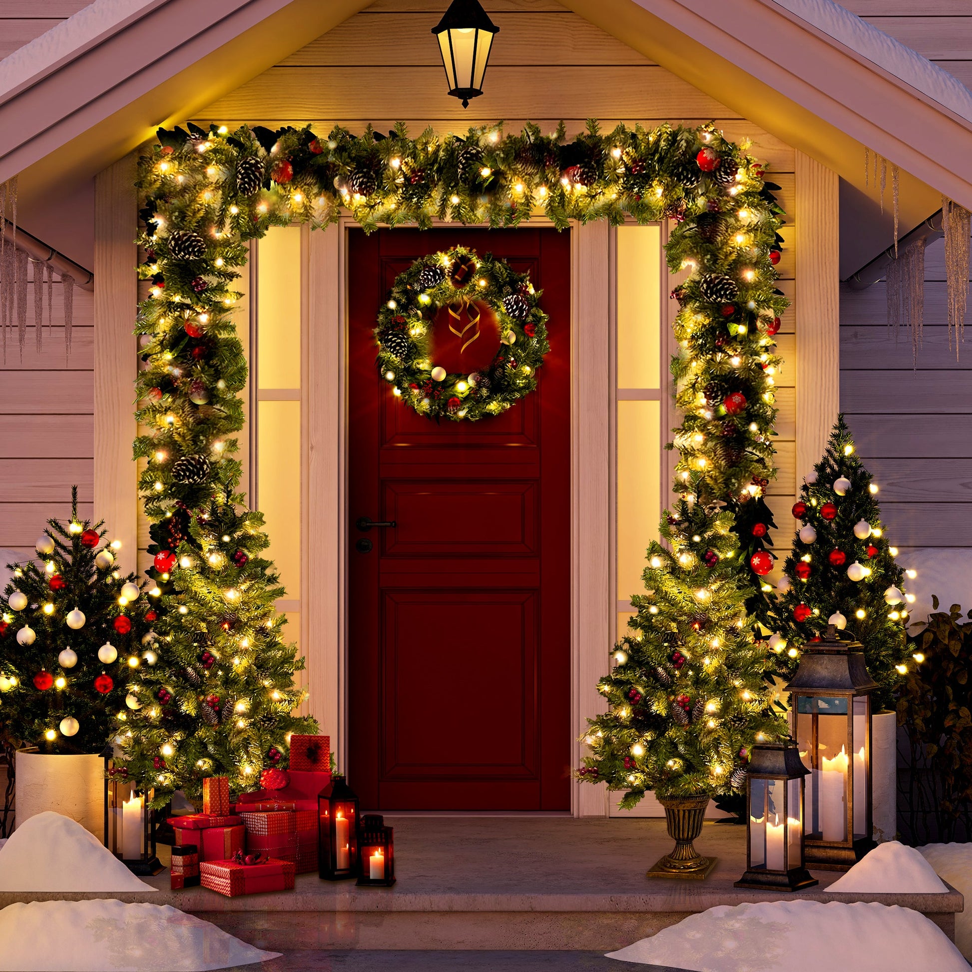 Christmas Tree Artificial Christmas 4-piece Set, including flower wreath, flower wreath, and 2 entrance trees, with LED lights - Korvel