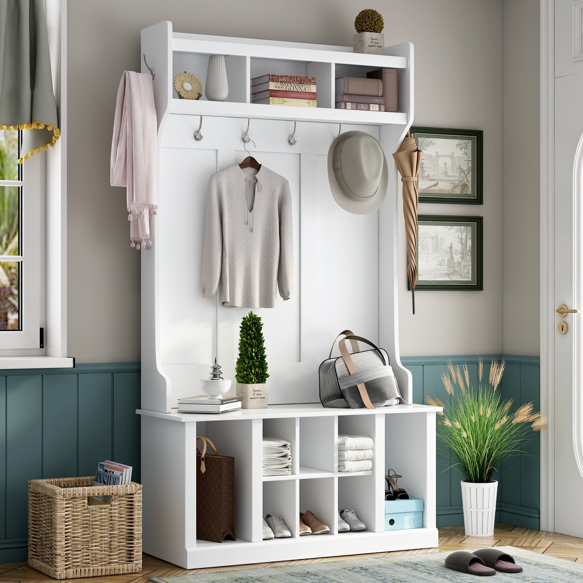 U-Can Hall Tree with 6 Hooks  Coat Hanger Entryway Bench Storage Bench (White) - Korvel