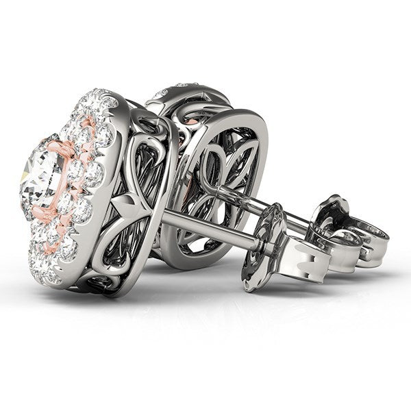 Pendientes de Diamante Halo de Oro Blanco y Rosa de 14k