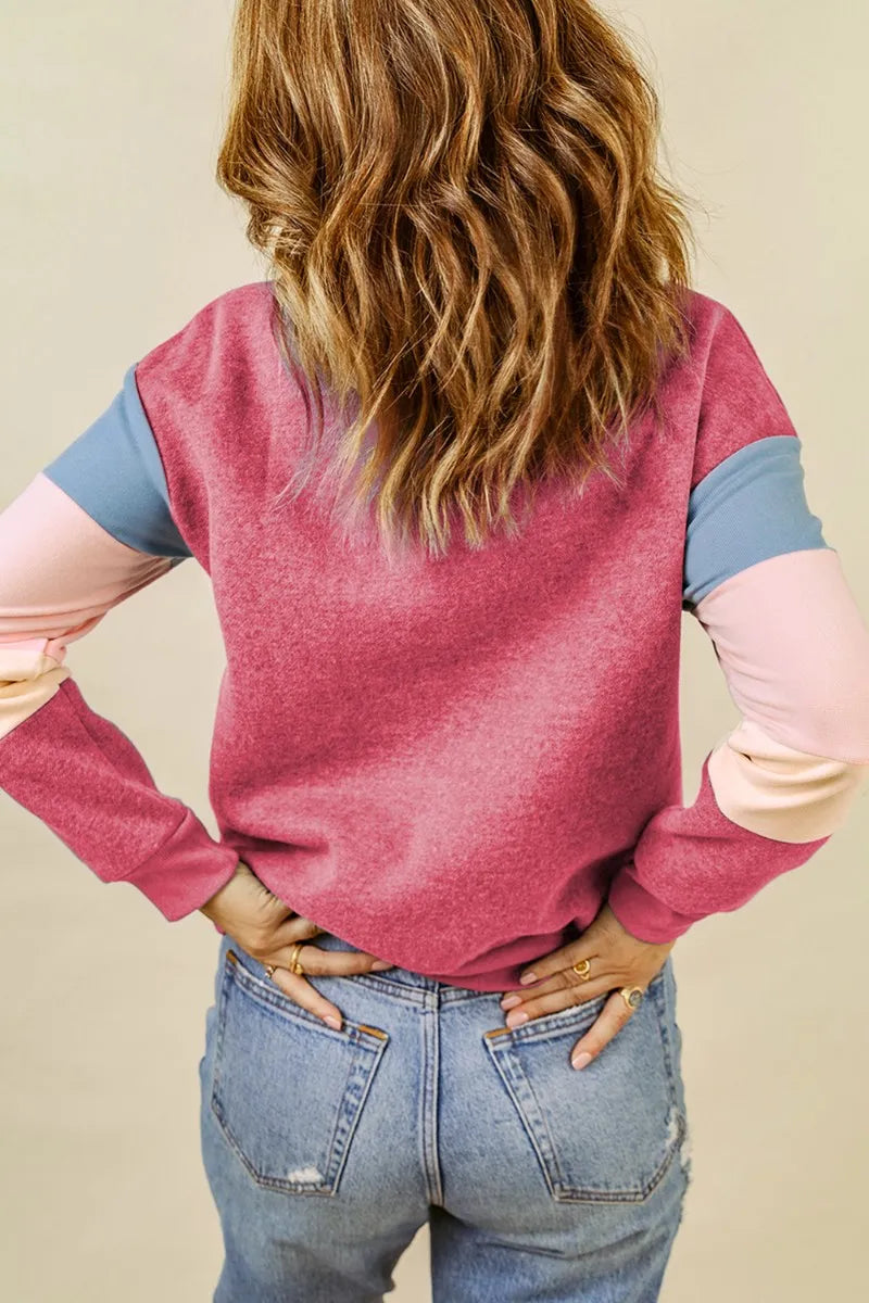Color Block Round Neck Long Sleeve Sweatshirt - Korvel