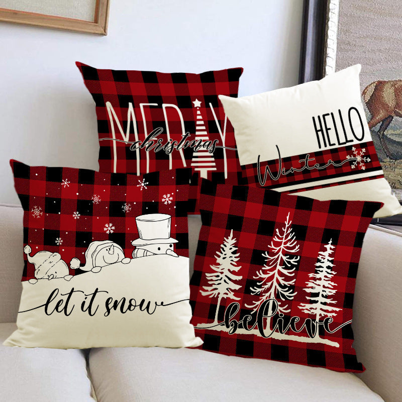 Christmas Pillowcase Linen Red Black Checkered Letter Printed Pillow Cover Holiday Living Room Decoration - Korvel