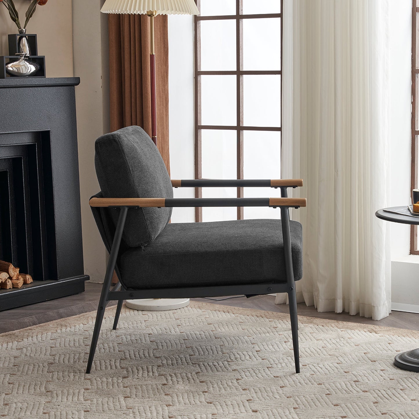 Leisure Lounge Chair Arm Chair with Metal Frame, Upholstered Side Chair Comfy Sitting Chair for Living Room, Black Chenille - Korvel