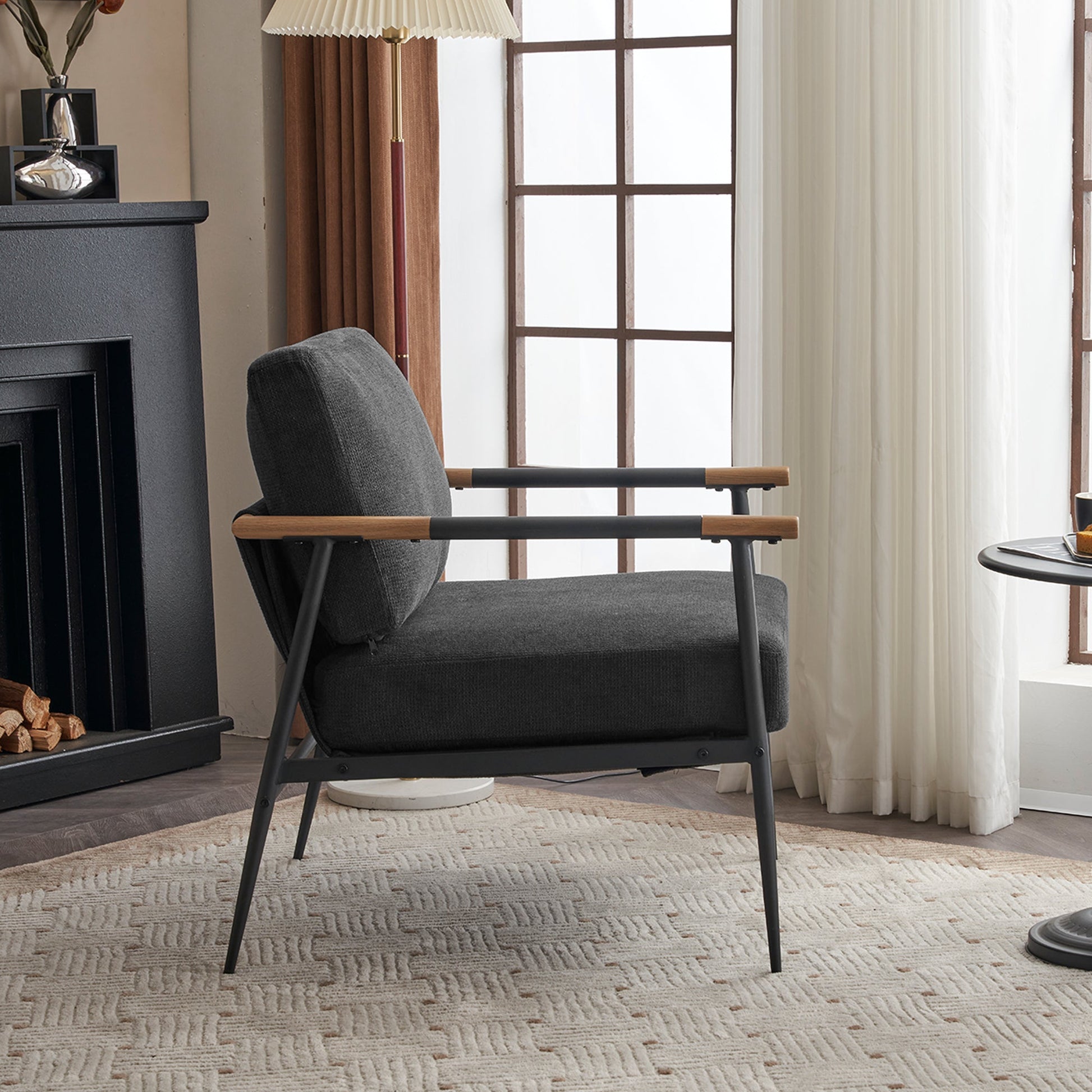 Leisure Lounge Chair Arm Chair with Metal Frame, Upholstered Side Chair Comfy Sitting Chair for Living Room, Black Chenille - Korvel