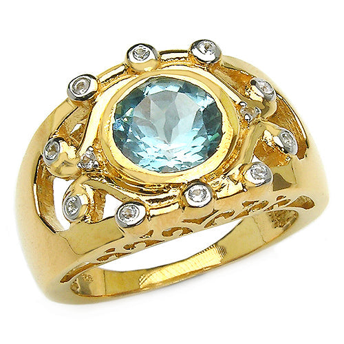 Anillo de Topacio Azul y Topacio Blanco Bañado en Oro Amarillo de 14K