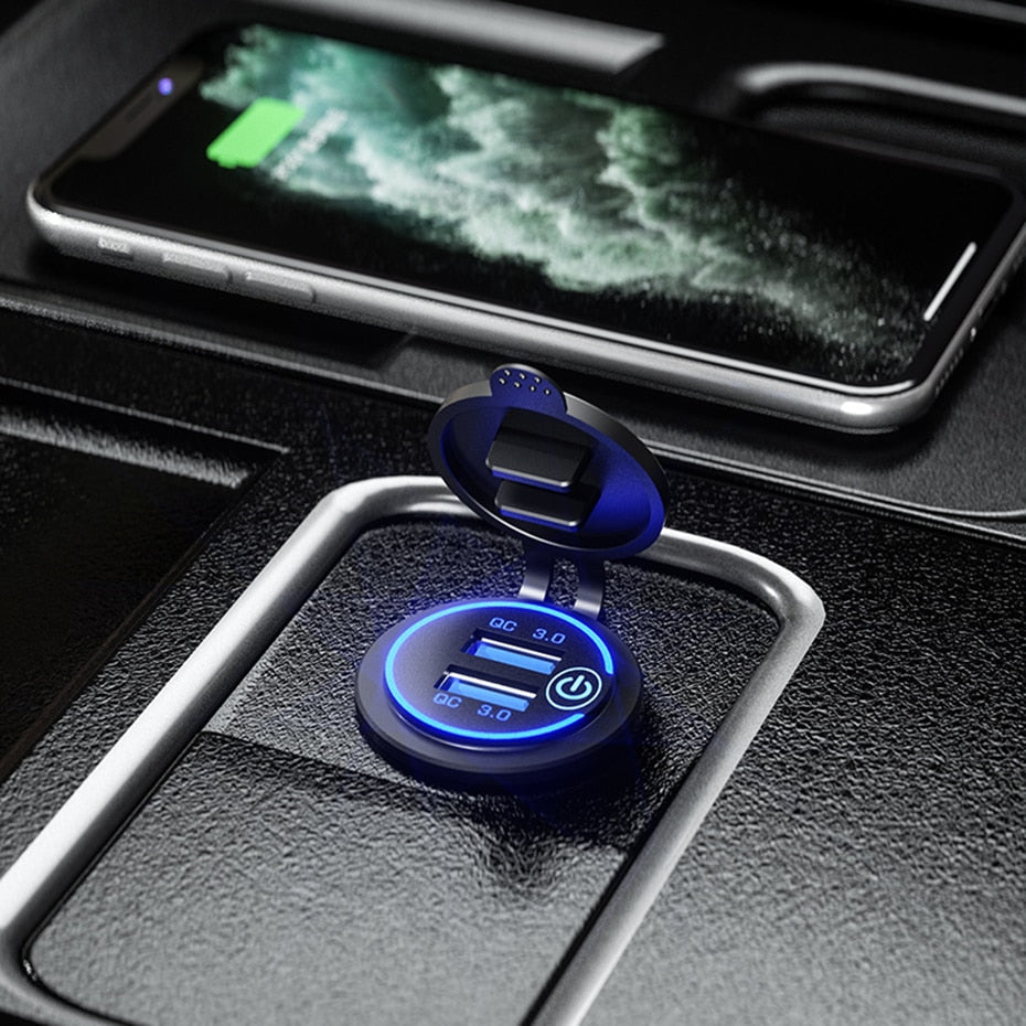 36W QC 3.0 Touch Switch Waterproof Universal Motorcycle Car Truck Boat Dual USB Charger Socket For Phone Tablet Camera GPS DVR - Korvel