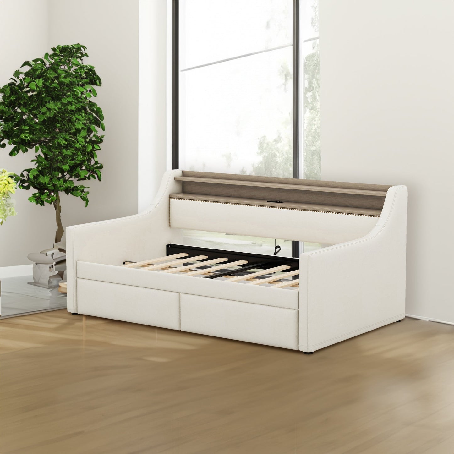 Twin Size Daybed with Storage Drawers, Upholstered Daybed with Charging Station and LED Lights, Beige - Korvel