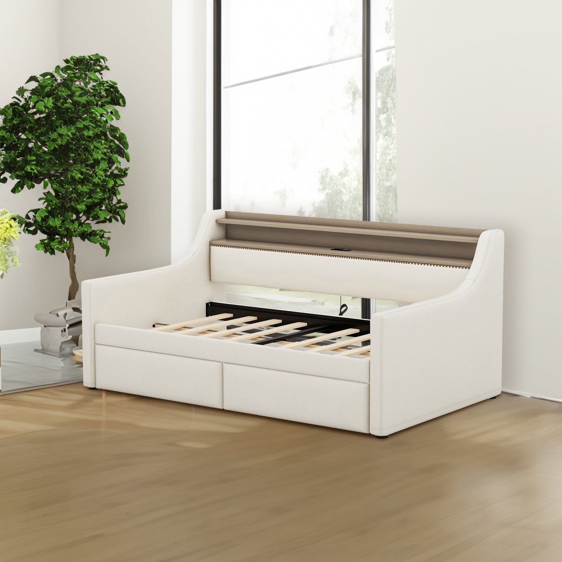 Twin Size Daybed with Storage Drawers, Upholstered Daybed with Charging Station and LED Lights, Beige - Korvel