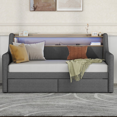 Twin Size Upholstered Daybed with Storage and LED Lights