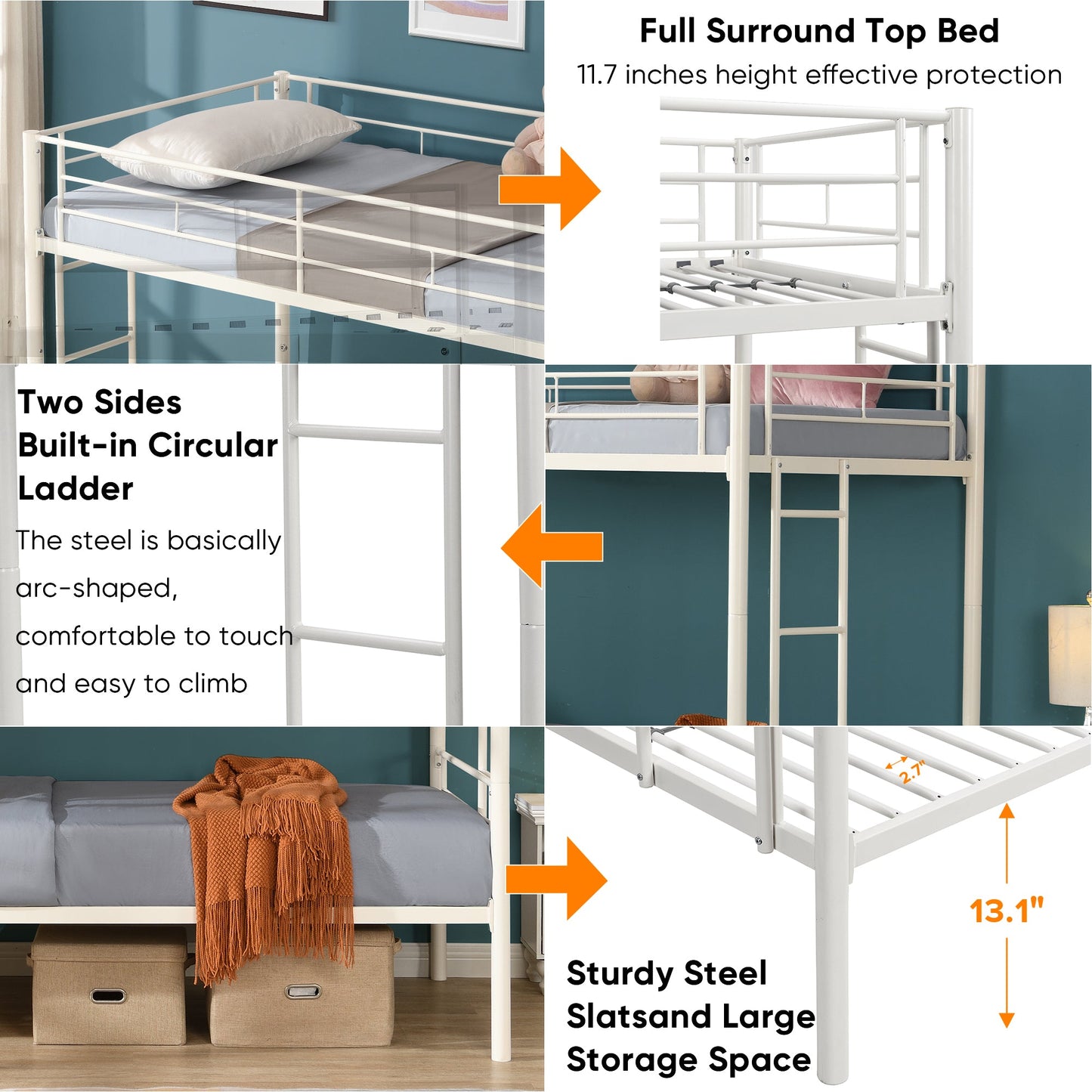 Twin metal bunk beds, metal structure bed frame with safety guardrails and 2 ladders, convertible bunk beds, white - Korvel