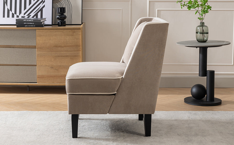 Velvet Upholstered Accent Chair with Cream Piping, Tan and Cream - Korvel