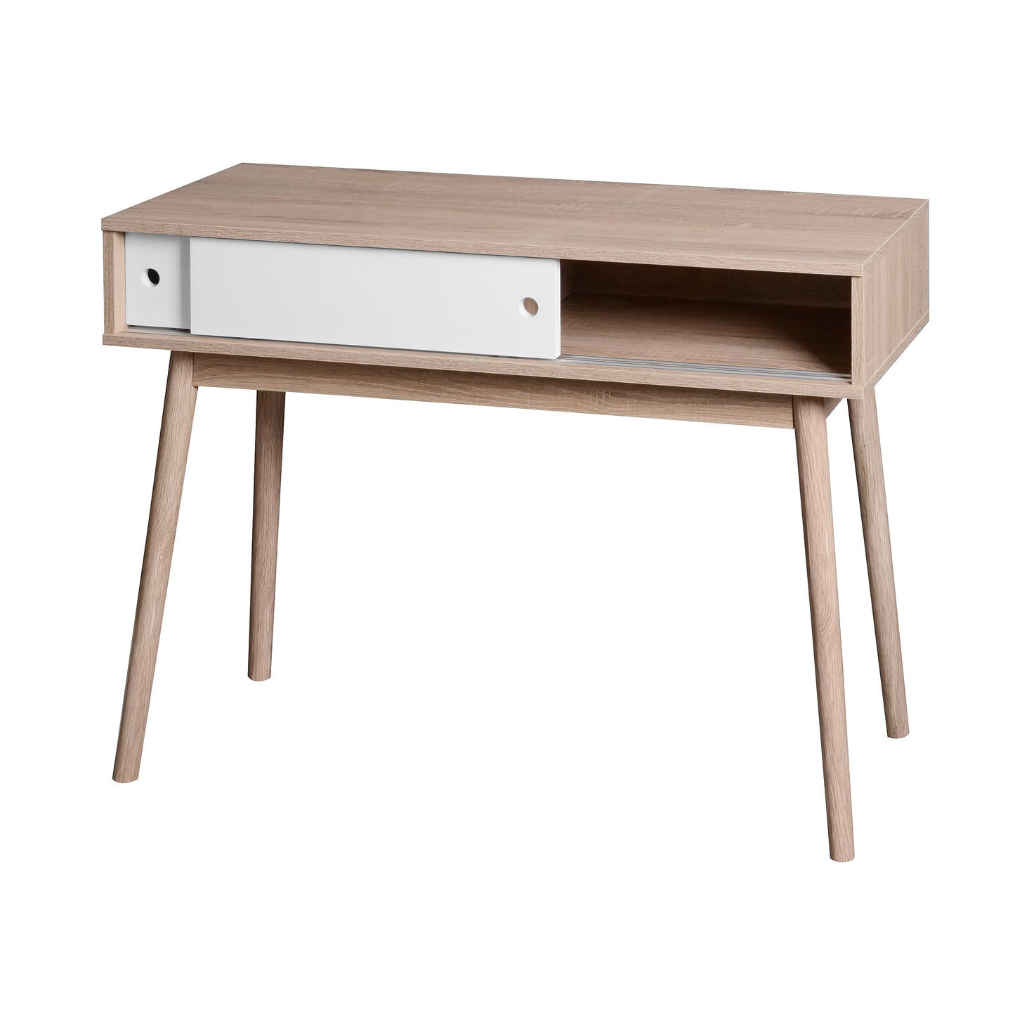 Kitchen Mid-Century Table Writing Desk with 2 Push-pull White Panel Drawers and Wood Legs, Natural Color - Korvel