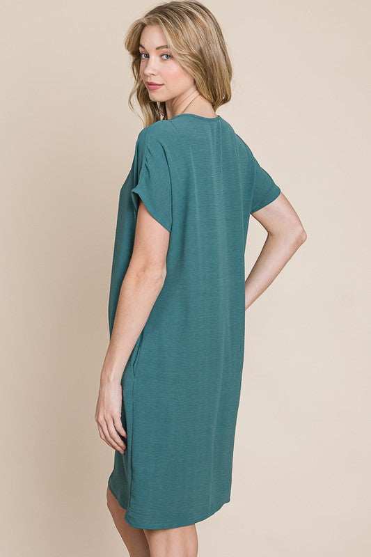 V-Neck Short Sleeve Dress with Pockets