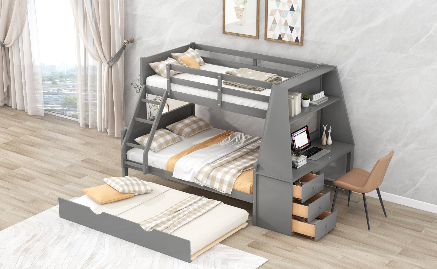 Lit superposé jumeau sur grand lit avec lit gigogne et bureau en gris