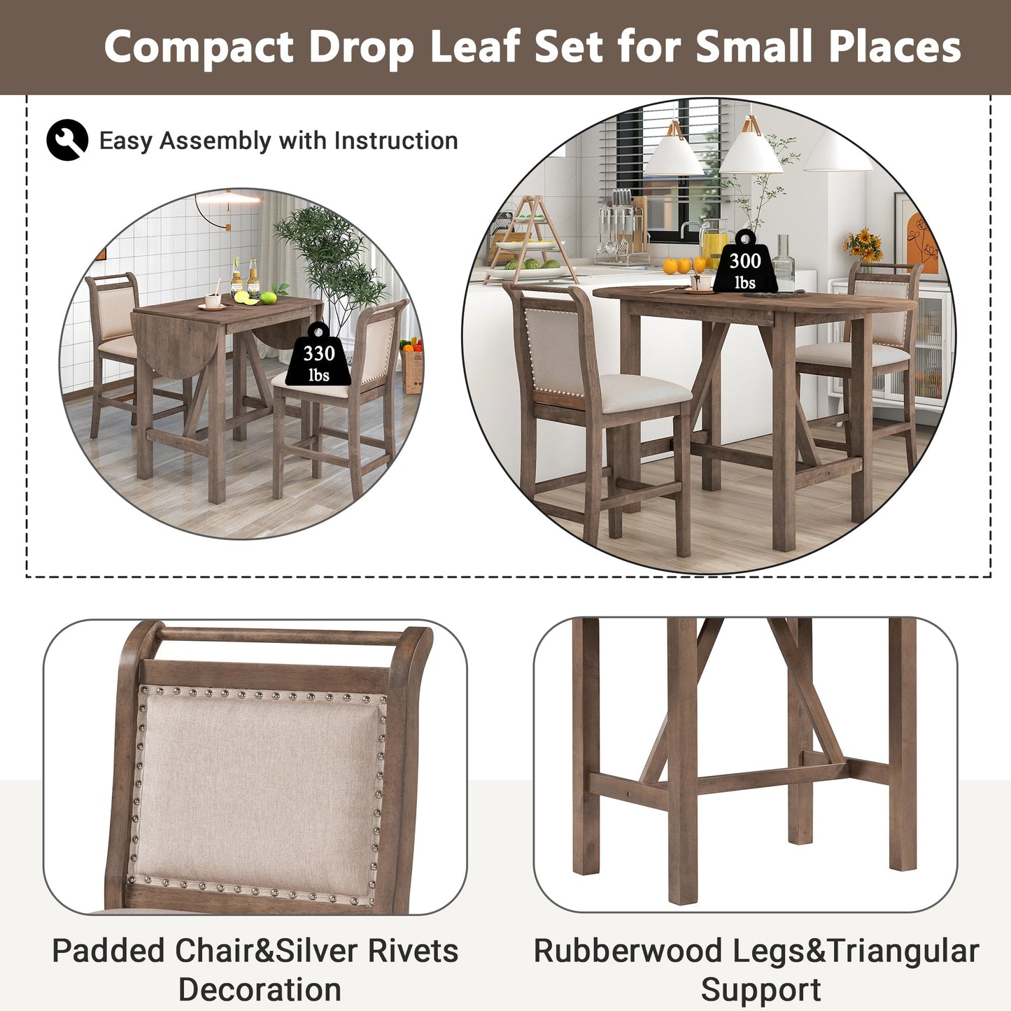 TOPMAX 3-Piece Wood Counter Height Drop Leaf Dining Table Set with 2 Upholstered Dining Chairs for Small Place, Brown - Korvel