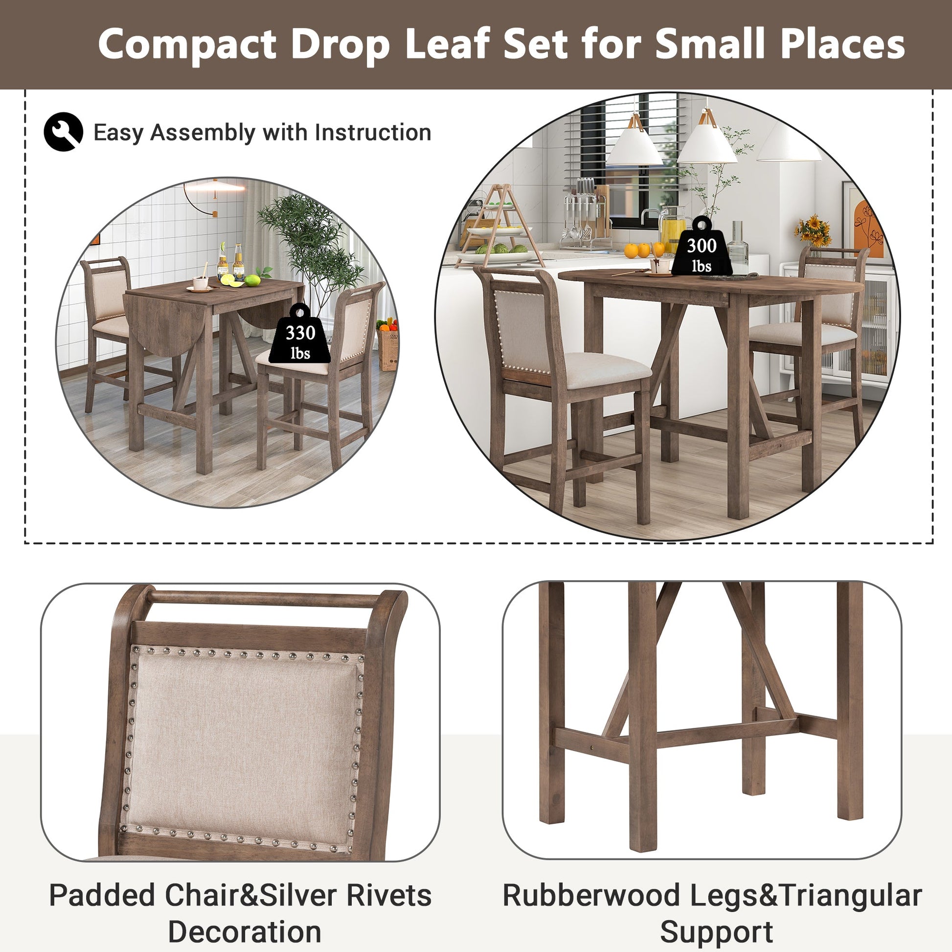 TOPMAX 3-Piece Wood Counter Height Drop Leaf Dining Table Set with 2 Upholstered Dining Chairs for Small Place, Brown - Korvel