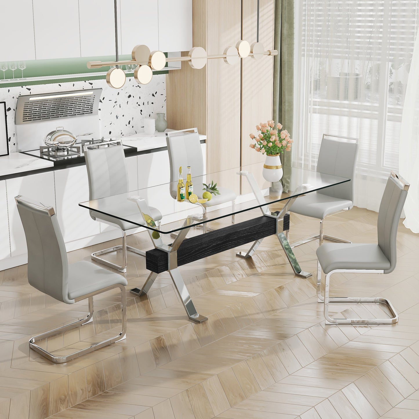 Dining table Modern tempered glass dining table Large modern office desk with silver plated metal legs and MDF crossbars - Korvel