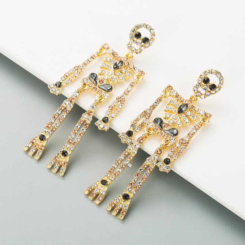 European and American style skull skeleton alloy inlaid rhinestone earrings female personality long exaggerated earrings earrings - Korvel