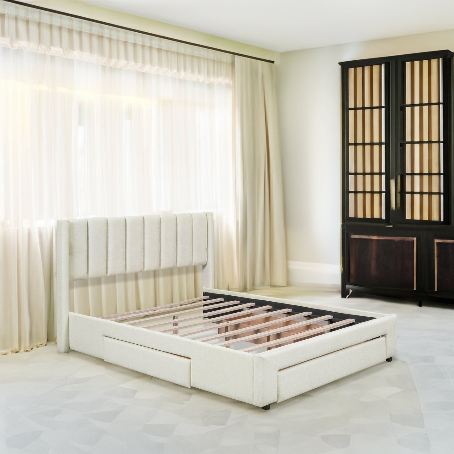 Full Size Upholstered Platform Bed with One Large Drawer in the Footboard and Drawer on Each Side Beige - Korvel