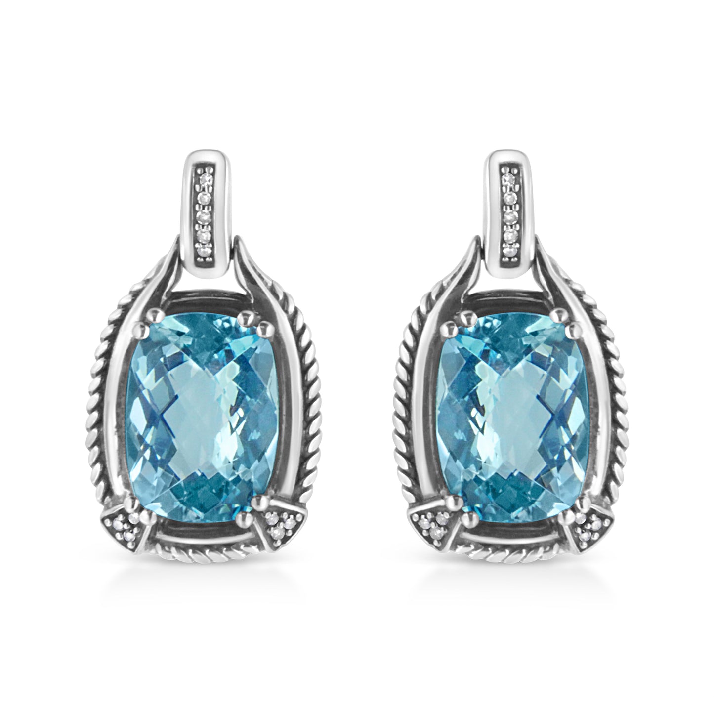 Pendientes Colgantes de Topacio Azul y Diamantes en Plata de Ley .925