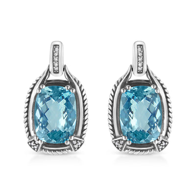 Pendientes Colgantes de Topacio Azul y Diamantes en Plata de Ley .925