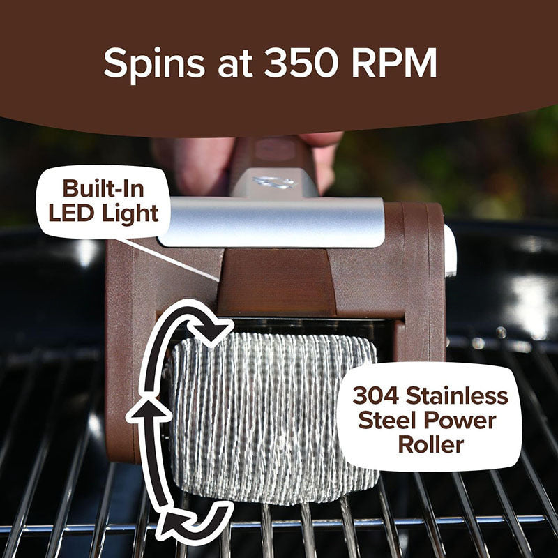 Rechargeable electric roller grill brush, stainless steel, replaceable heads, home cleaning tool, barbecue accessory. - Korvel