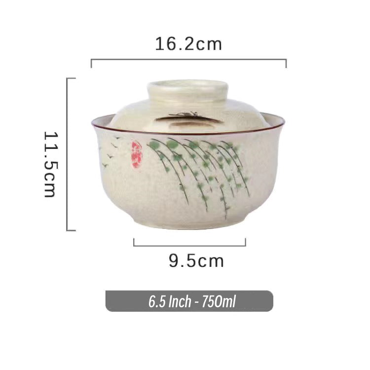 6.5 inch instant noodles bowl with cover bento box student underglaze color ceramic suit Lamian Noodles bowl canteen tableware - Korvel