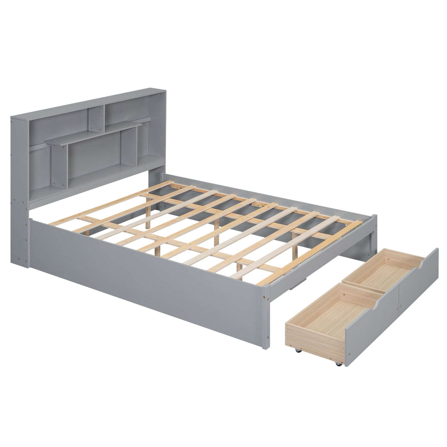 Elegant Queen Size Platform Bed with Storage Headboard, Gray