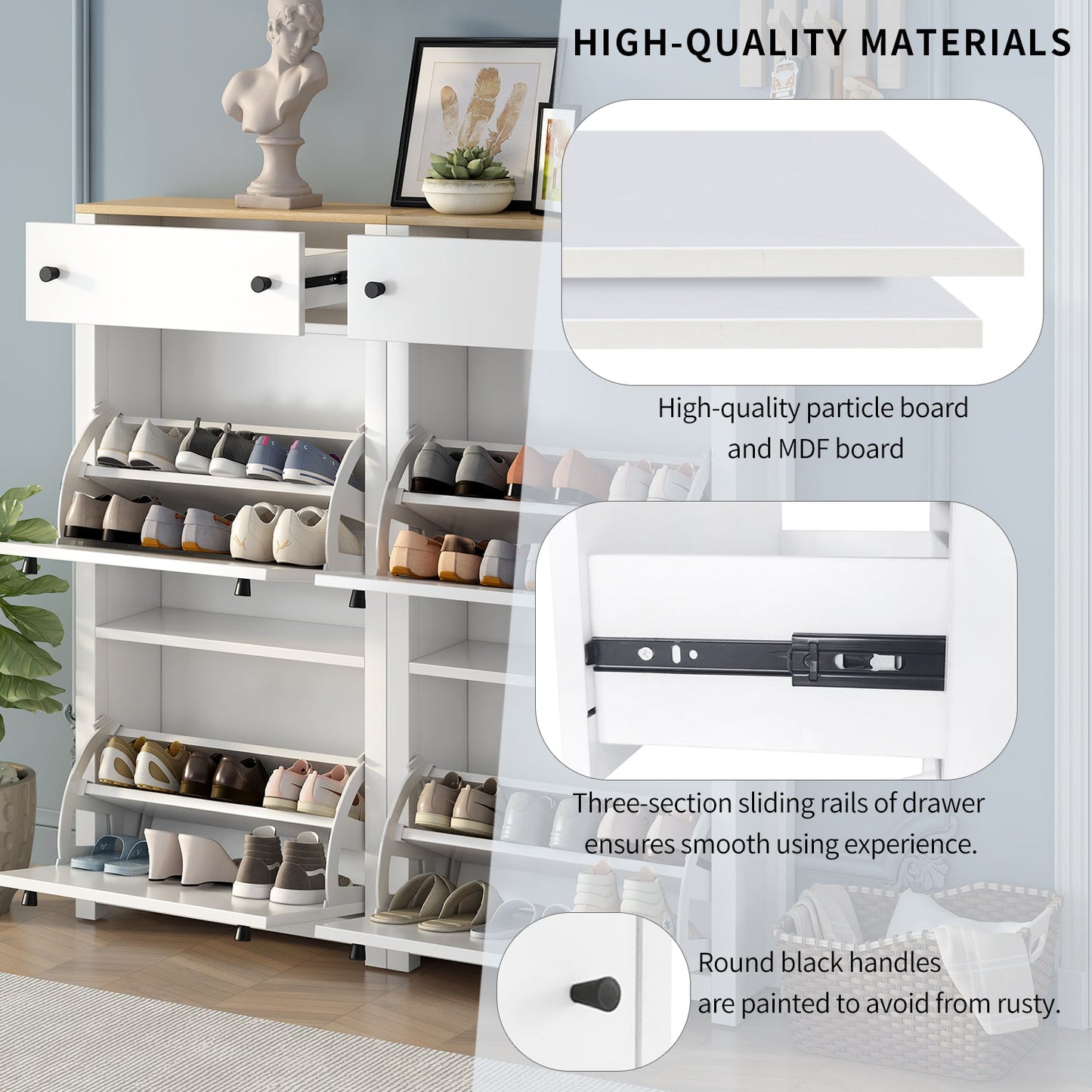 ONTREND ultra-thin shoe cabinet set with 4 flip drawers and adjustable panel top shoe rack, white - Korvel