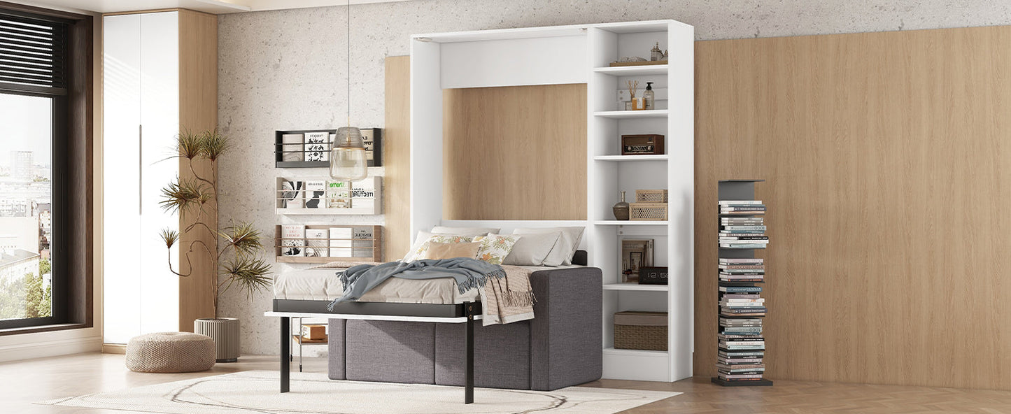 Twin Size Murphy Bed Wall Bed with Sofa and Shelves - White