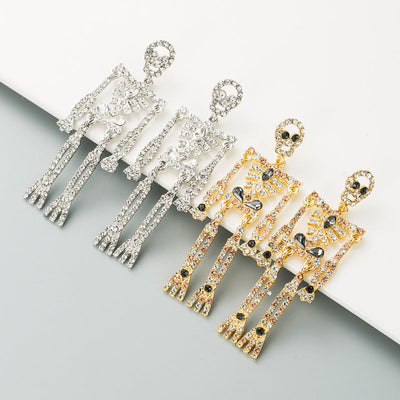 European and American style skull skeleton alloy inlaid rhinestone earrings female personality long exaggerated earrings earrings - Korvel