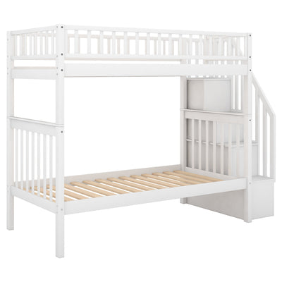 Twin over Twin Bunk Bed with Trundle and Storage  White - Korvel