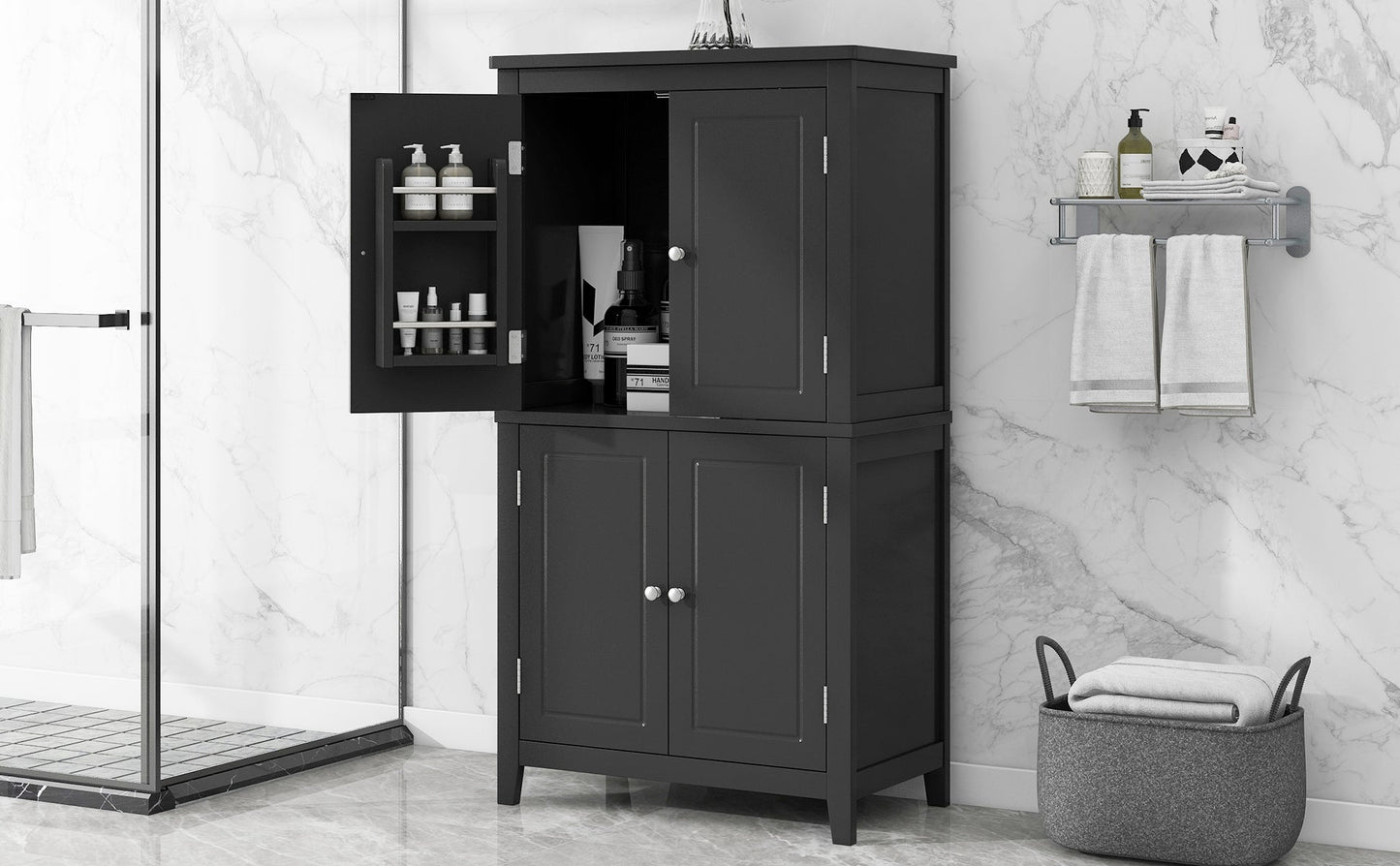 Elegant Black Bathroom Floor Storage Cabinet with Adjustable Shelves