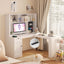 Corner gaming computer desk with socket, drawers, bookshelf and writing desk, modern L-shaped learning desk with storage space - Korvel