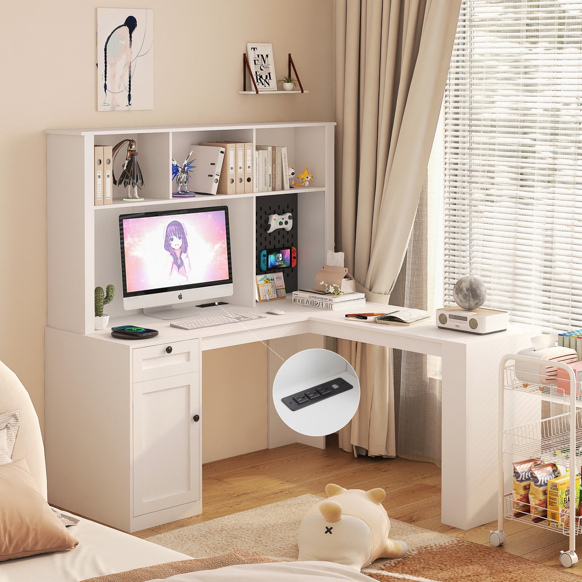 Corner gaming computer desk with socket, drawers, bookshelf and writing desk, modern L-shaped learning desk with storage space - Korvel