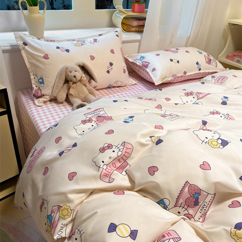 Four piece set of washed cotton bed sheets and duvet covers three piece set of bedding for single student dormitories - Korvel