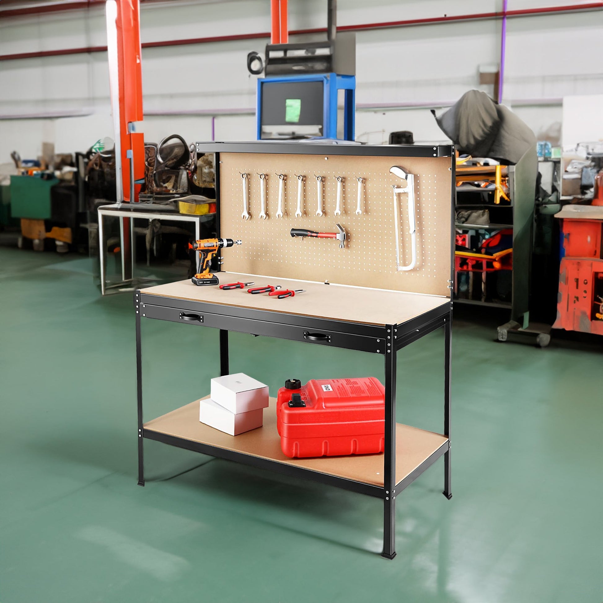 63" Tools Cabinet Working Tables Workbench Tool Storage Workshop Table with Drawers and Pegboard - Korvel