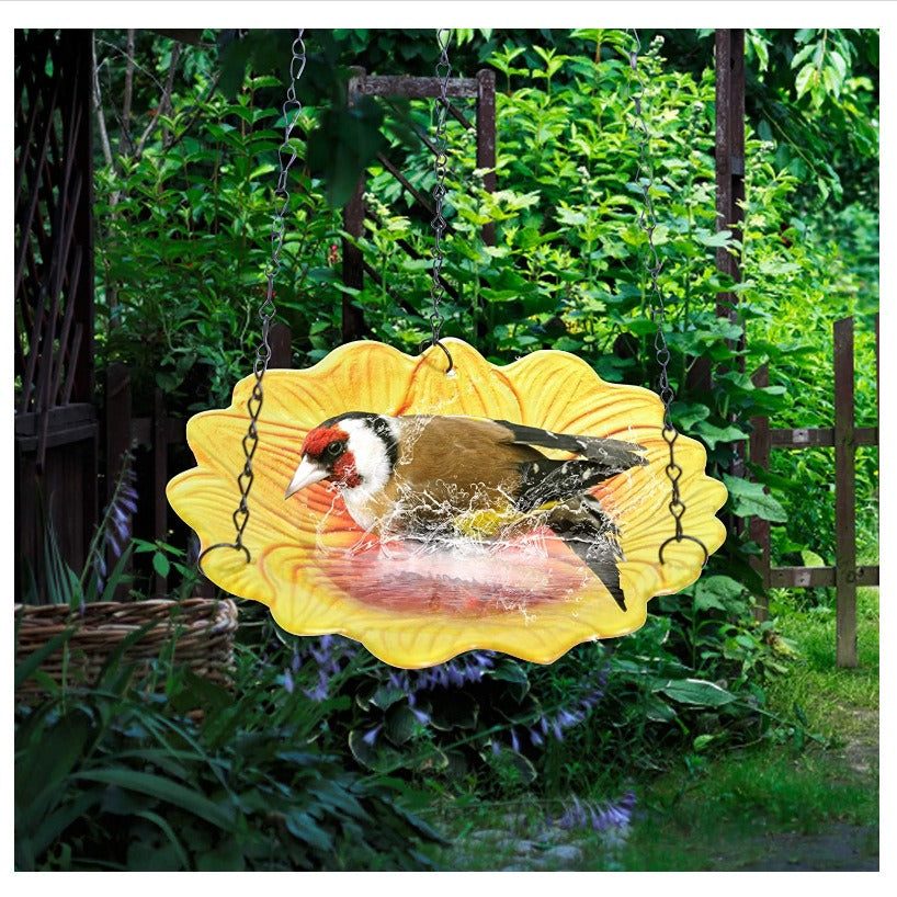 Solar Hanging Bird Bath - 24 Inch Glass Feeder with Sunflower Design