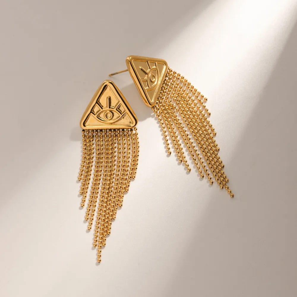 Triangular relief devil's eye design with tassel titanium steel earrings - Korvel