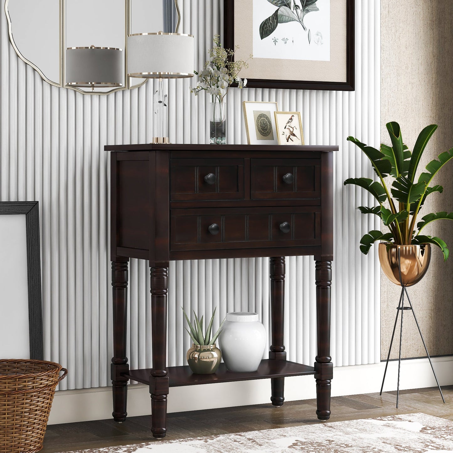 TREXM Narrow Console Desk, Ultra Thin Sofa Table with Three Storage Drawers and Living Room Bottom Shelves (Espresso) - Korvel