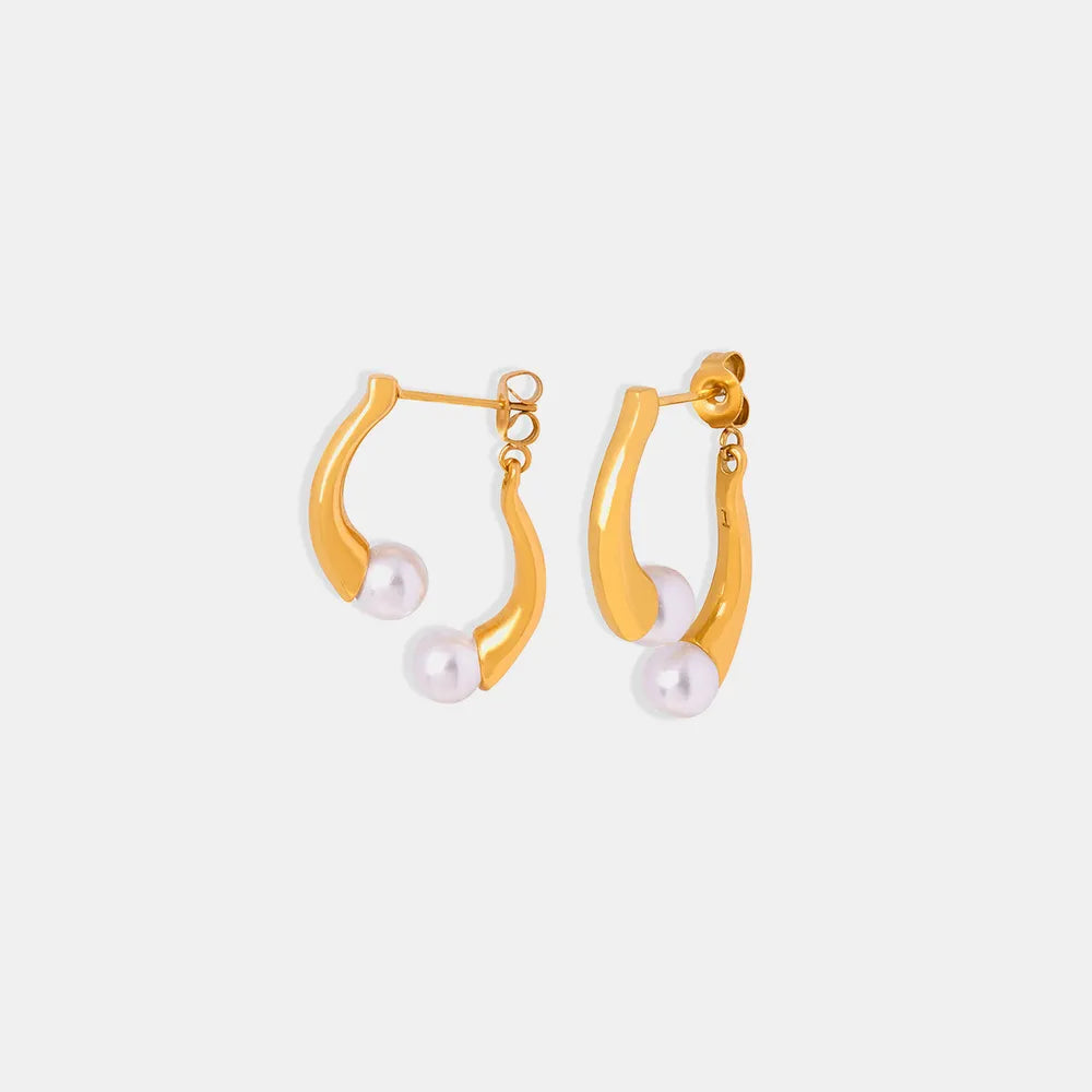 Elegant split design with high gloss pearl inlay simple titanium steel gold-plated earrings - Korvel