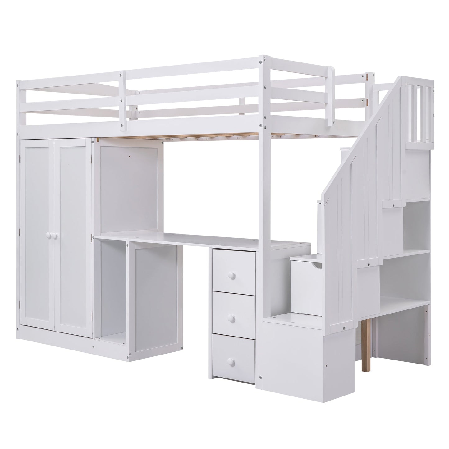 Elegant Twin Size Loft Bed with Wardrobe and Desk in White