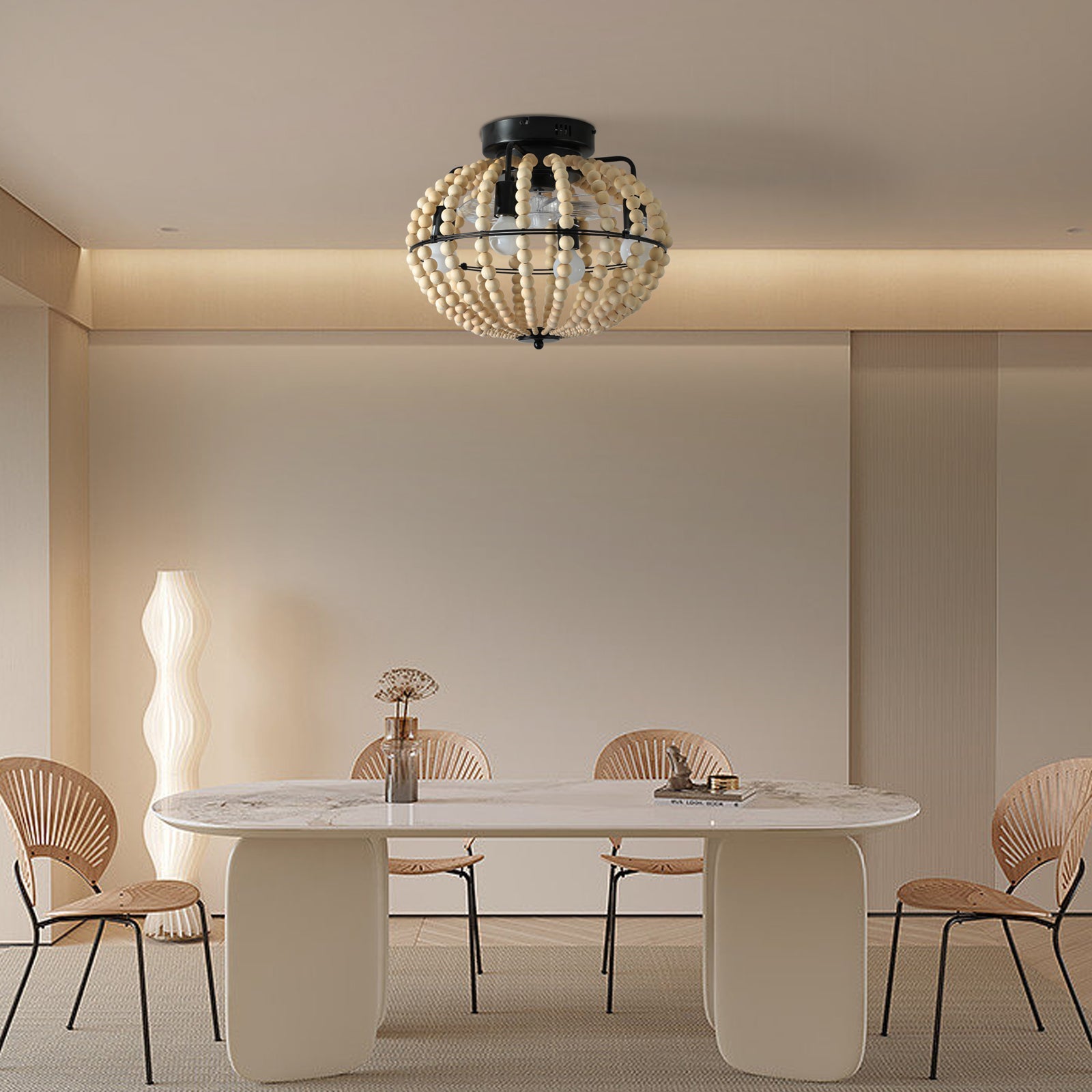 Beaded Fan lamp Wood Beaded Chandelier Oak White - Korvel