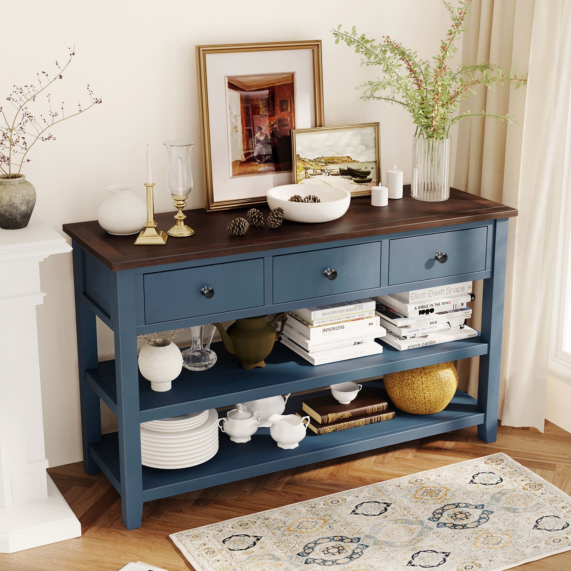 Retro Design Console Table with Two Open Shelves, Pine Solid Wood Frame and Legs for Living Room (Antique Navy+Espresso) - Korvel