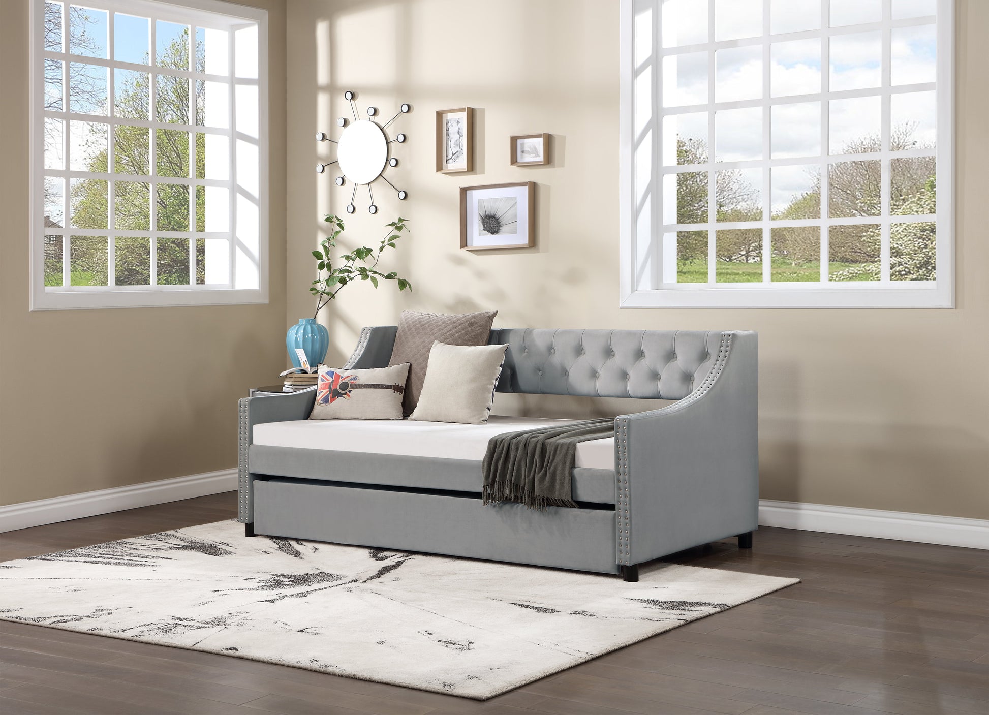 Twin Size Upholstered Daybed with Trundle Sturdy Wood Bedframe w/ Bedframe Tufted Button & Copper Nail on Arms Design - Korvel